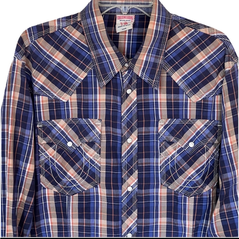 True Religion Men’s Pearl Snap Western Shirt Horseshoe Stitching XXXL Blue/Tan